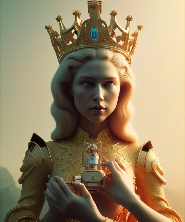 Statue of Queen of photography holding camera in hands. Cute blonde woman. Photographer in golden crown. Standing on the street. Big camera in her hand. hyperdetailed, photorealistic, trending on artstation, greg rutkowski, beksinski, kodachrome, volumetric lighting, gold and cyan