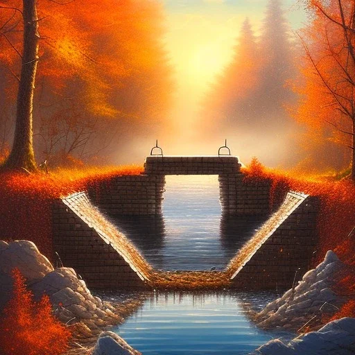 fantasy art, book illustration, close up of beaver building a dam under a bridge ,autumn water, icy frame