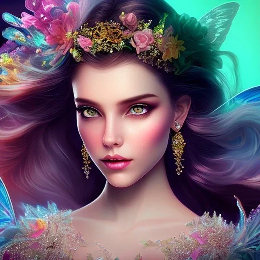 bright fairy, beautiful portrait, flowery landscape