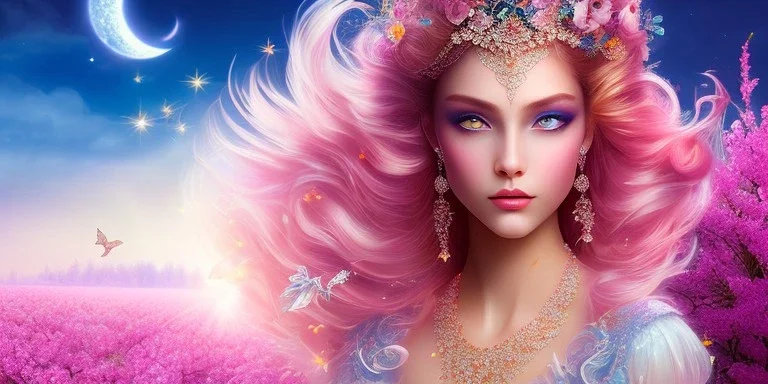 bright fairy, beautiful portrait, flowery landscape