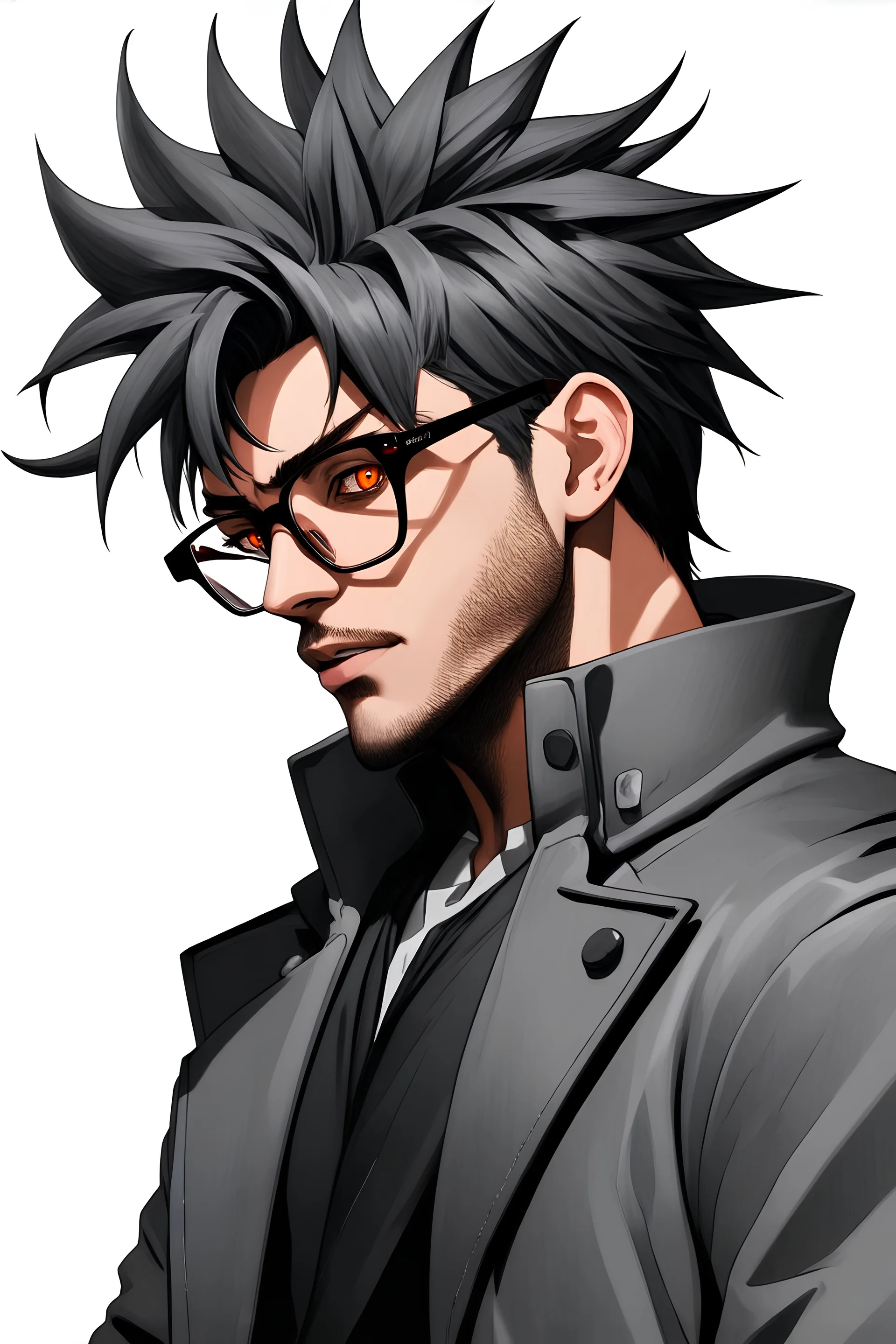 Portrait of a male, grey coat, orange eyes, stunning beautiful artwork, toned body, 8k dnd portrait artwork, spikey dark grey hair, wind motiff, glasses, maximalist, by artgerm, 8k anime artwork, 8k photo, trending on artstation, looking down