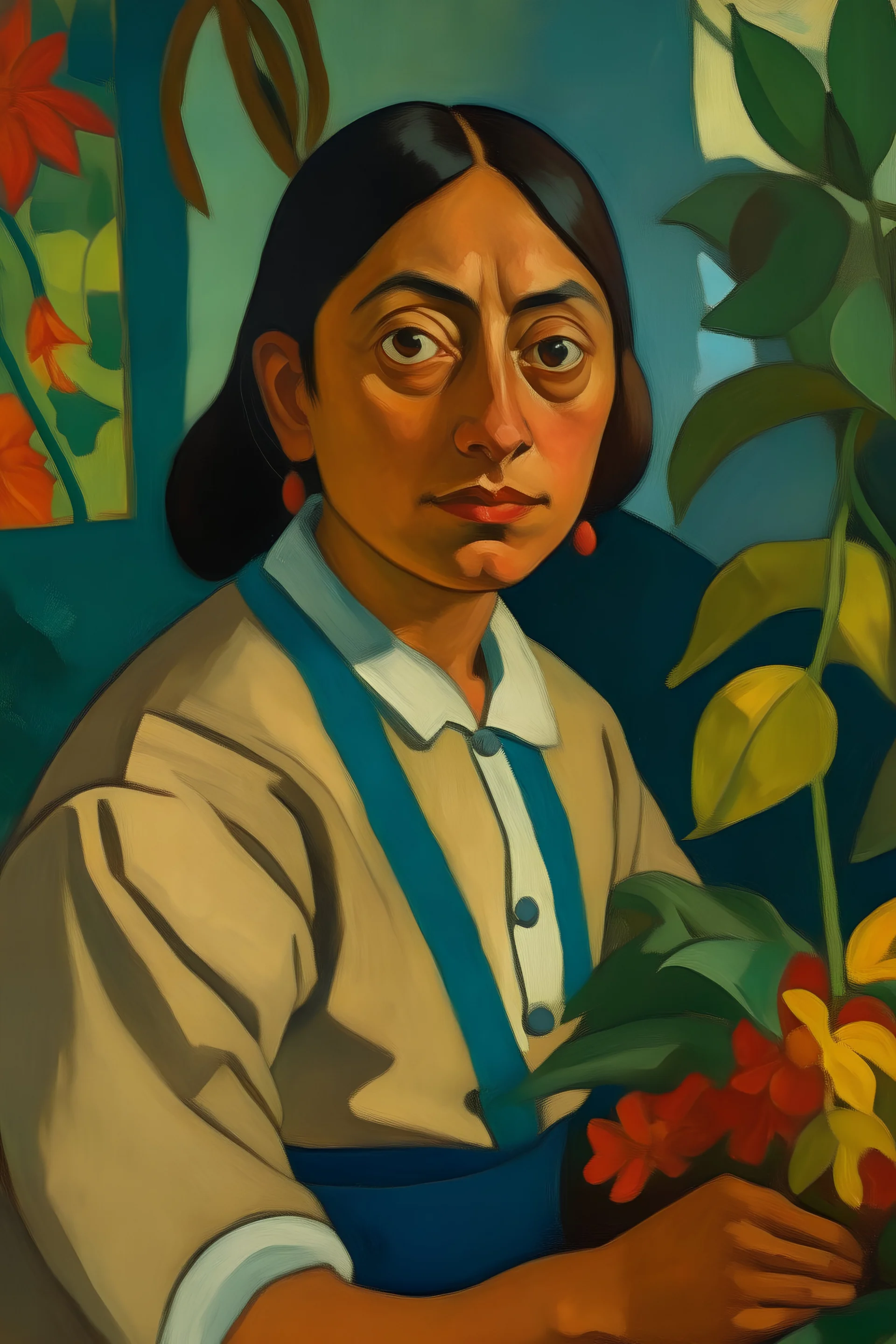 a painting of a woman in the academic realism style mixed with Paul Gauguin’s style