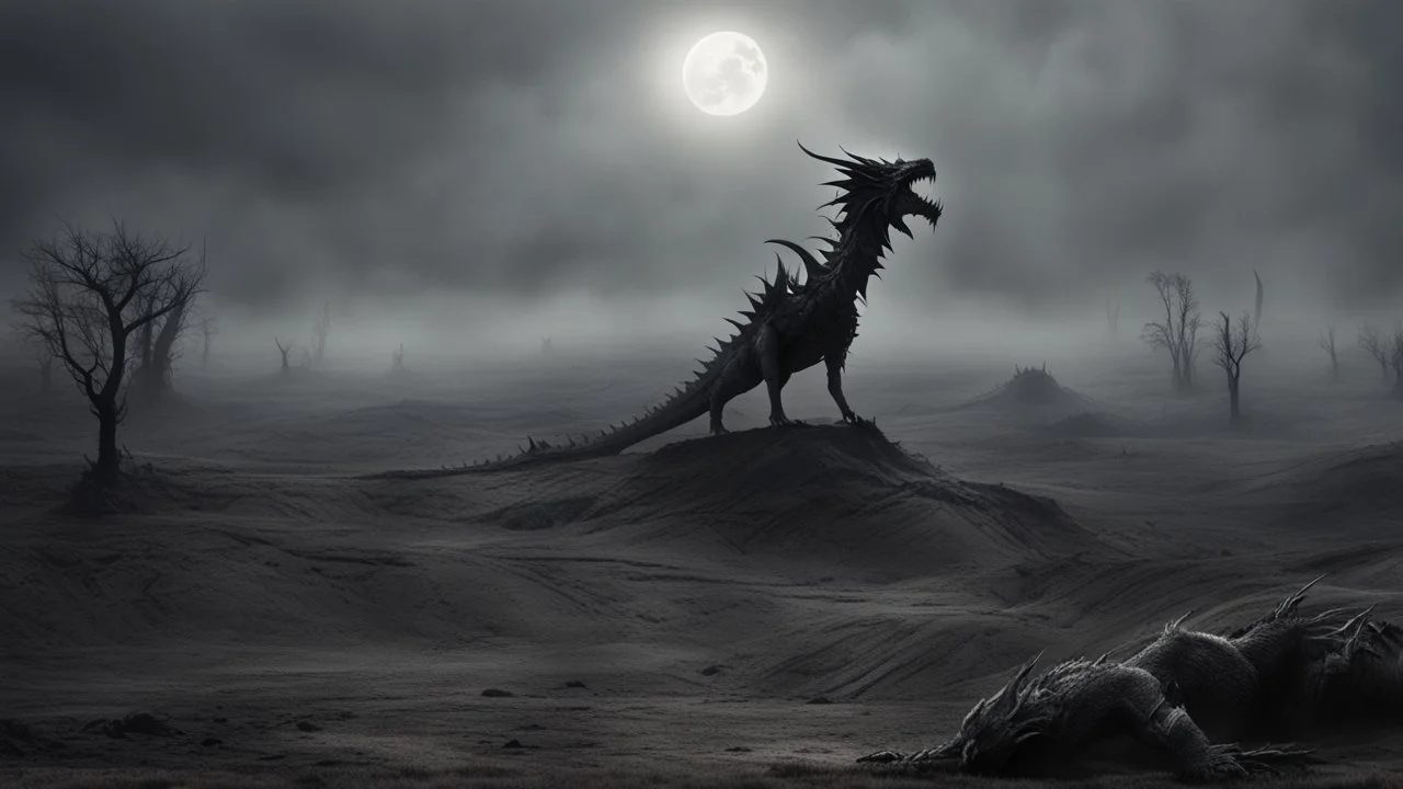 an apocalyptic flat landscape covered in dark gray dust. dead sun. zombie dragon. dark grey mist. seen from the ground. fantasy, horror. no trees