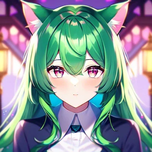 Clear focus, 8k, high quality, detailed, beautiful lighting, cat girl, vibrant colors, green hair, vibrant pink eyes, cat eyes