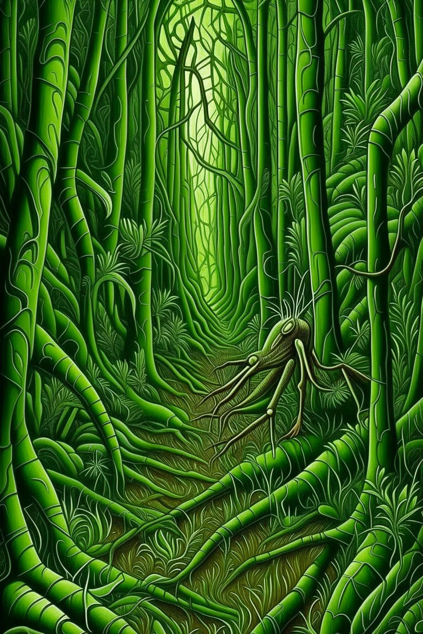 A green forest with praying mantis painted by MC Escher