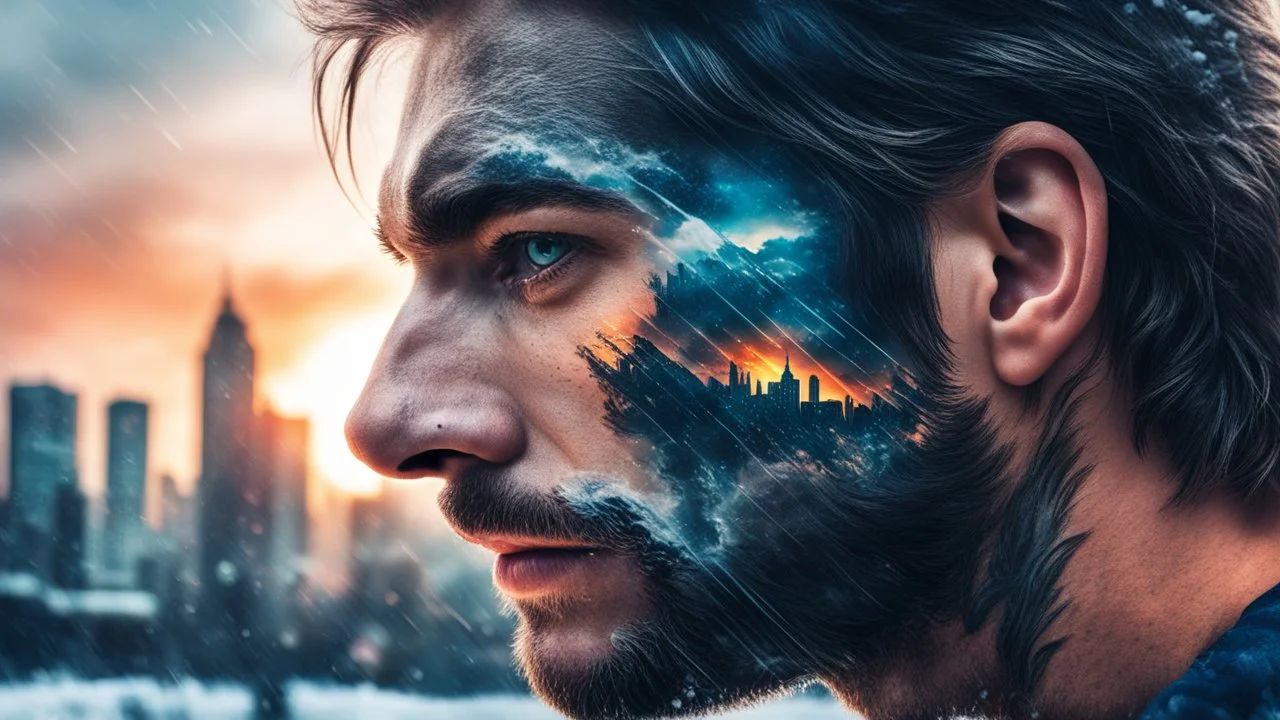 double exposure, portrait Man Wolf blending, person, city, sunset, snow, rain, fantasy, mystical, tattoo, vertical pupils, high detail, high resolution, 8K