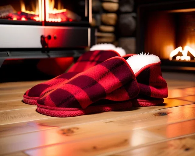 Red plaid slippers laying on a bearskin rug by log cabin fireplace