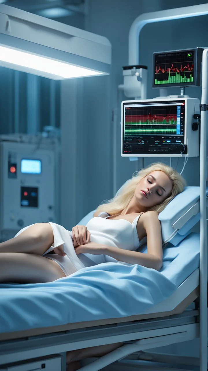 photorealistic hyperdetailed very small young woman with blonde hair lying asleep on a hospital large bed with a heart monitor and tubes attached