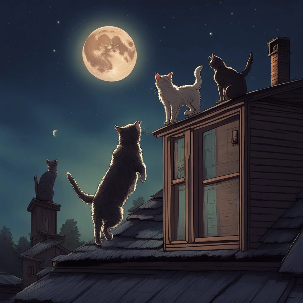 un gato saltando a un tejado en la noche y que se vea la luna luminosa de fondo, con perros mirando desde el suelo, no del tejado vang ghoj.