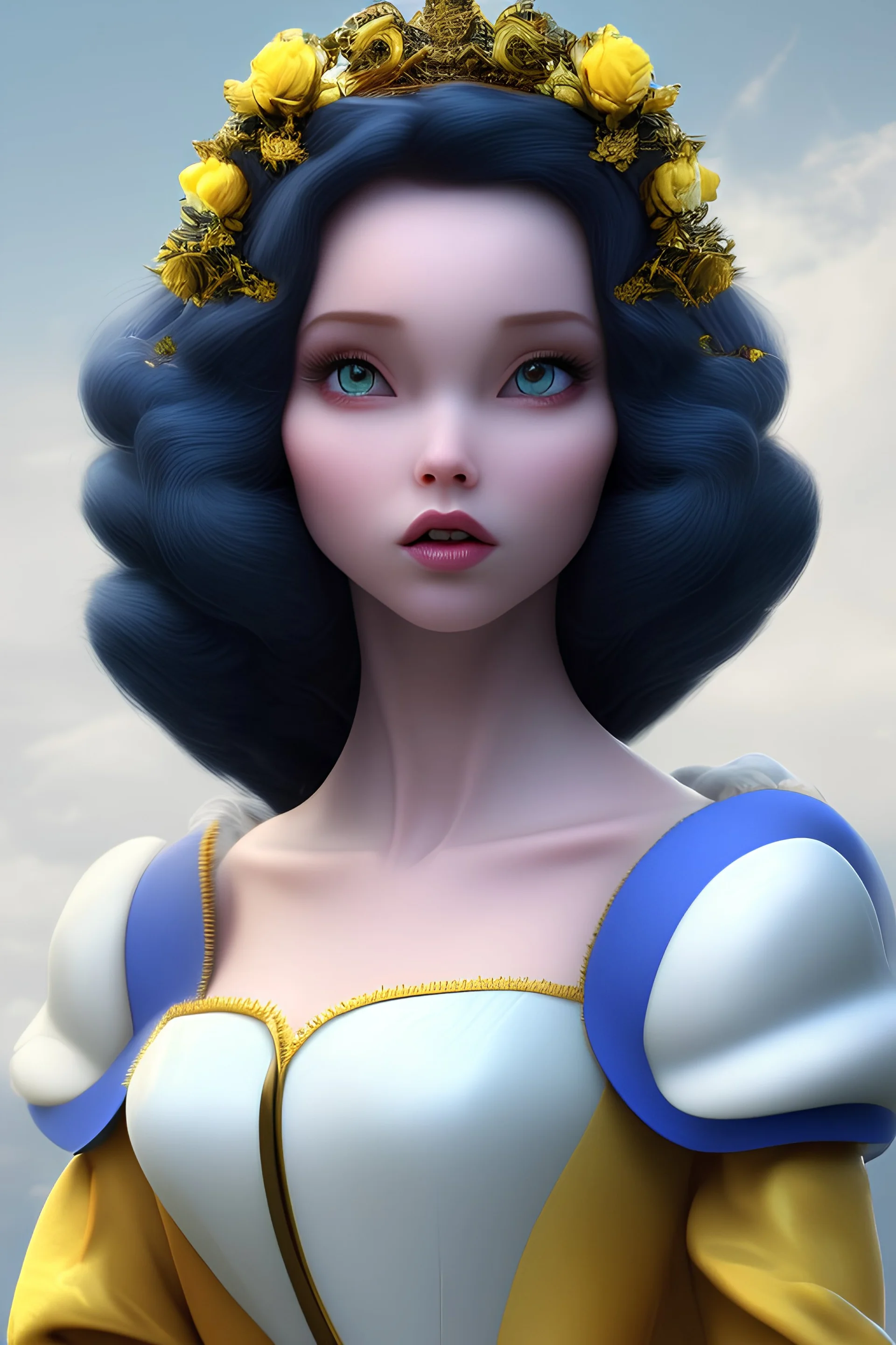 4K Ultra-HD, Hyper realistic, cinematic lighting -- Snow White, short, bowl-cut black hair, blue eyes, Yellow skirt, blue blouse with short poofy sleeves, extremely pail skin, Rose pedals, wild animals, Castle, Full body image -- 4k, stunning, dramatic lighting, dramatic background, cinematic, atmospheric, very detailed, historic, powerful, octane rendering, exquisite detail, 30 - megapixel, 4k, 85 - mm - lens, sharp - focus, intricately - detailed, long exposure time, f8, ISO 100, shutter - s