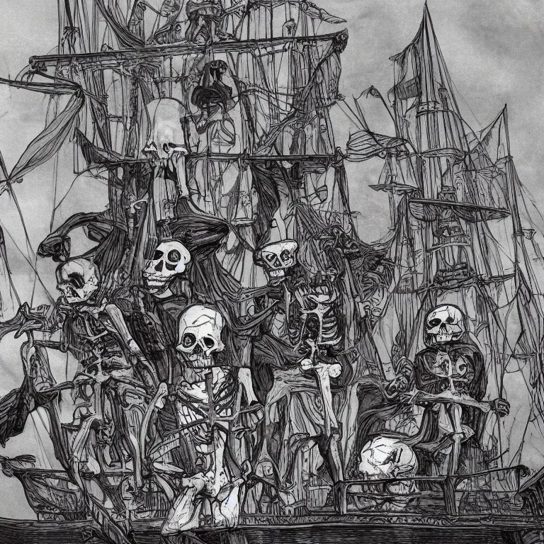 Skeleton pirates on a big, scary ship, artistically