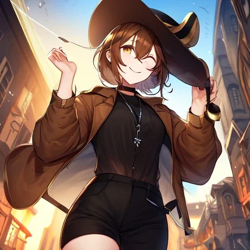 Clear focus, High resolution, short brown spiky hair, hair between eyes, eyes closed, wearing a brown detective hat, wearing a brown jacket and a black shirt, wearing black shorts, 1girl, pulling hat down, smiling