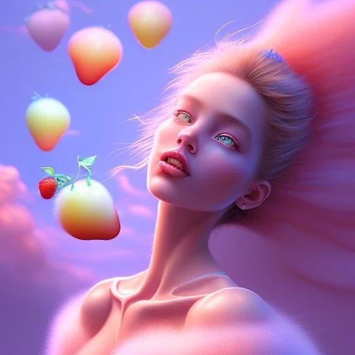 pixar style,realistic painting of a beautiful girl and jam marmelade,volumetric blue clouds,pink sky environment and flying strawberries in background, volumetric lighting,dramatic lighting, detailed digital painting, extreme dense and fine fur, anime, ornate, colour-washed colors, elegant, small minutiae, tiny features, particulars, centered, smooth, sharp focus, renderman gofur render, 8k, uhd, detailed eyes, realistic shaded volumetric lighting,caustics,backligh