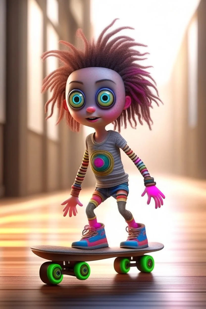 cute adorable hypnotic chat girl hippie robot doing a little trick with skateboard and punk hair and real human eyes, its such a perfect day, motion blur, smoke, 8k, downlight, soft light, depth of field, photorealism, trending on art station, lotsa detail