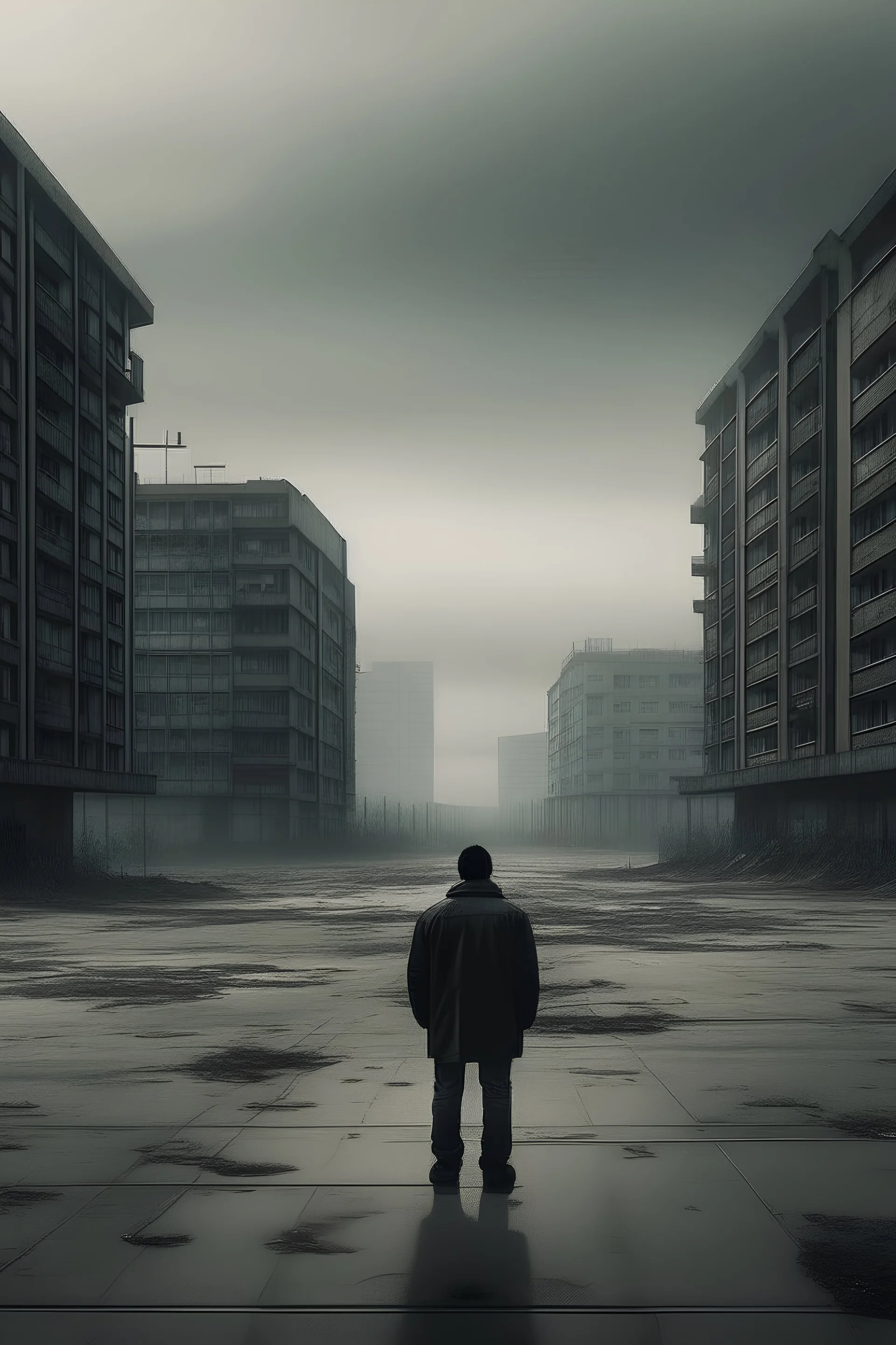 lone person from behind in front of empty dystopian city