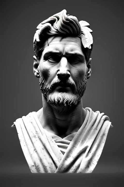 Ultra Realistic image, roman sculpture, white marble material, Lionel Messi, Laurel leaves wreath, miguel angel style, chisel style, emperador, waist up portrait, ultra hd, perfect texture, epic, celestial, cinematic lighting, God light, god rays, 4k resolution, smooth details, ornate details, soft lighting, unreal engine 5, low relief, marble background.