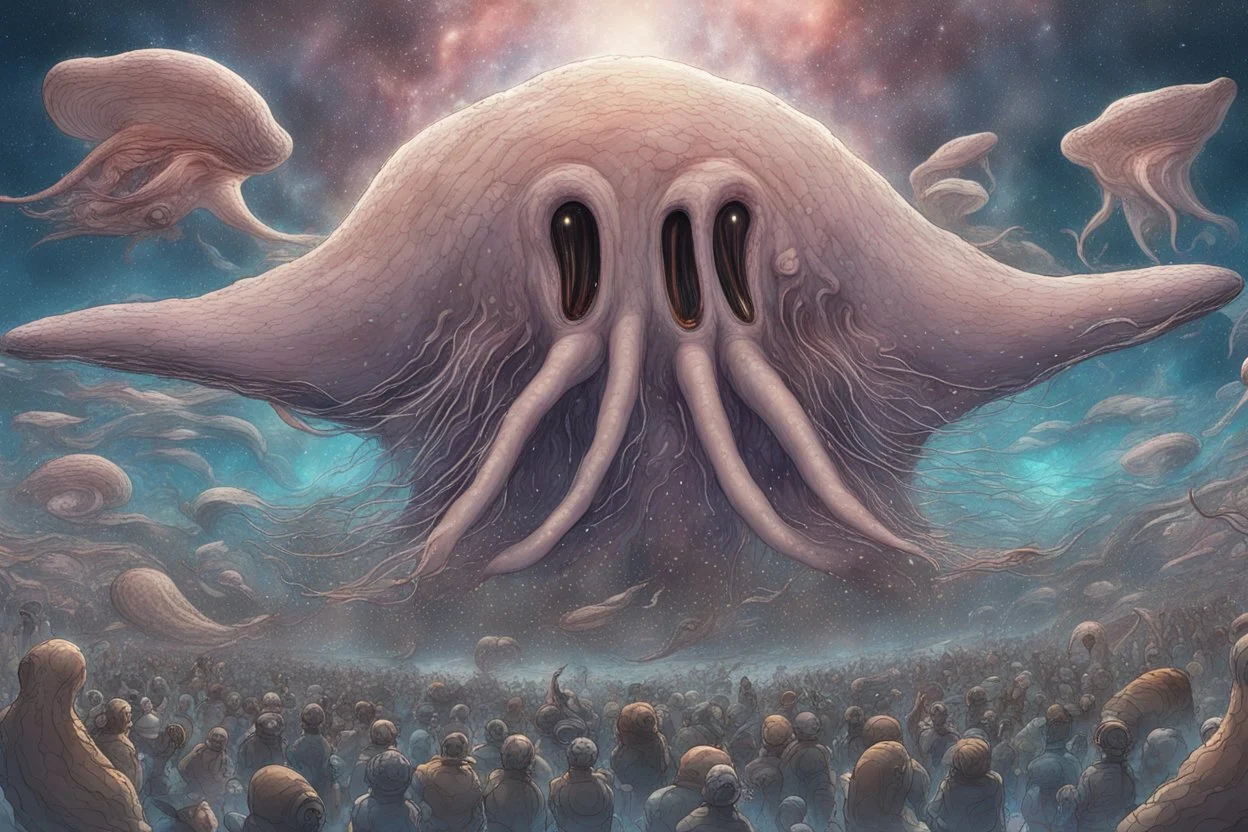 View into an event horizon in space with many enormous strange tentacled whale-like creatures with huge faceted eyes and mouths, flying around