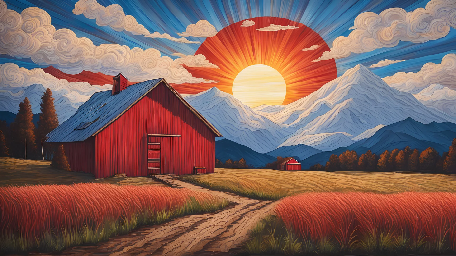 Woodcutting art of a red barn with a blue sky and the sun and clouds with mountain in the background