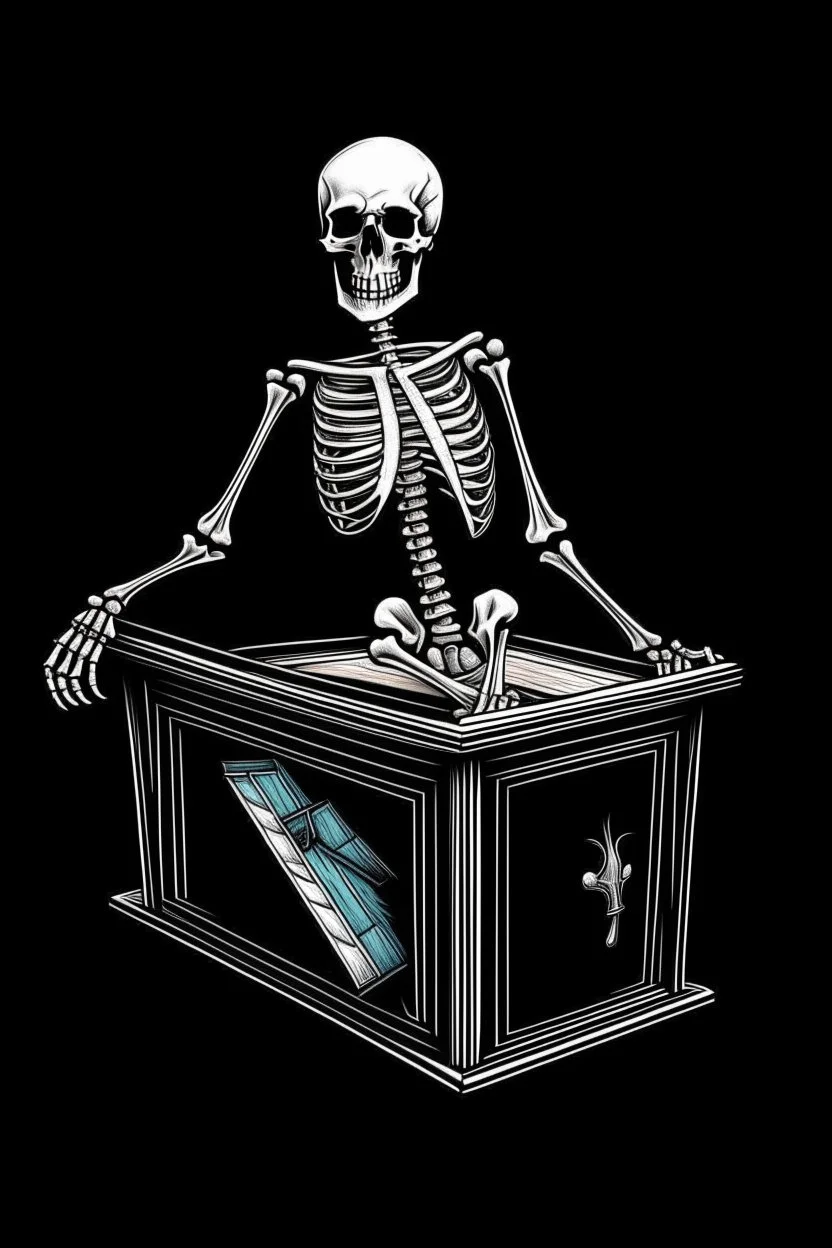 Skeleton standing in a Coffin, Hugging A guitar, black and white graphic Art
