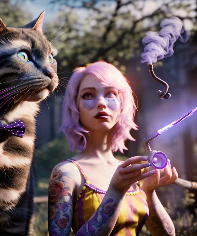 Ultra realistic photo, happy couple, blonde Alice woman and purple cat smoking a pipe, circus blue dress style, black headband with bow, old school body tattoo, smoke, marihuana garden, glow eyes, perfect iris, soft color, highly detailed, unreal engine 5, ray tracing, RTX, lumen lighting, ultra detail, volumetric lighting, high definition.