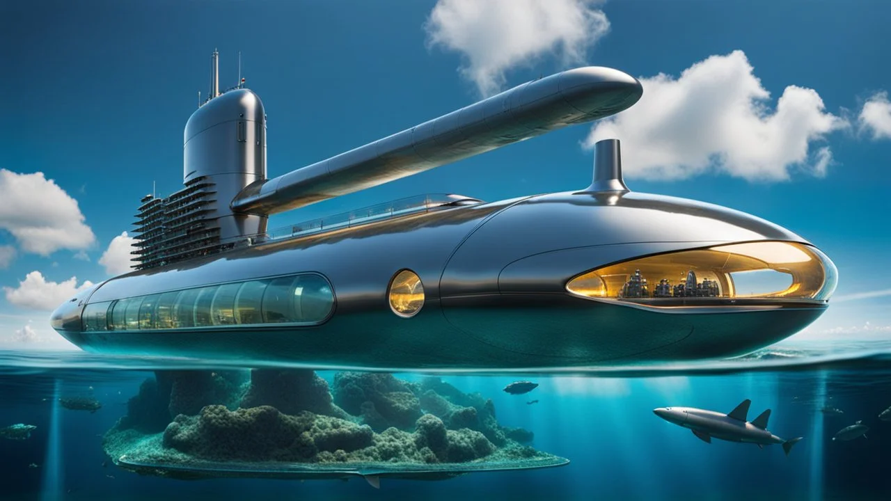 An stunning modern futuristic glass and metal submarine in the ocean, with a large body of water surrounding it. The submarine bottom positioned in the center of the frame, providing a unique perspective on this streamlined high-techstructure underwater, high detalied, shapr focus, sci-fi mood