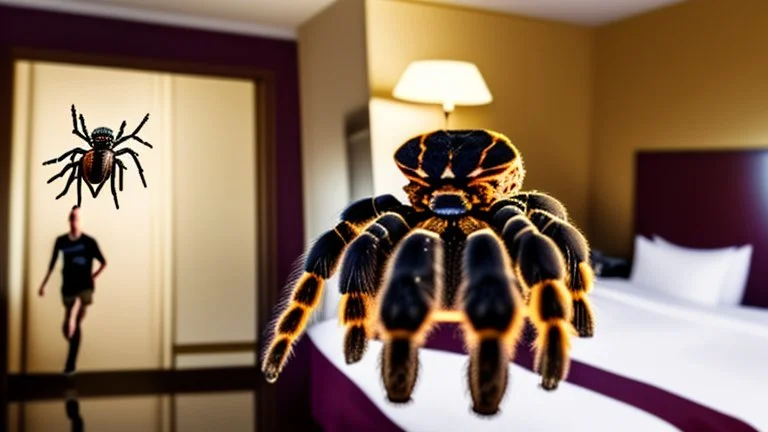 2 adults running in hotel room because of escaped tarantula