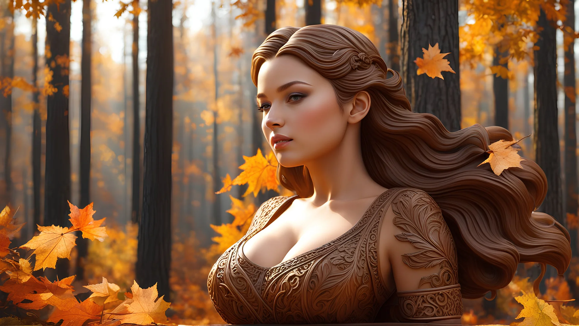 (wood carving:1.2), (sexy young woman:0.8), detailed, autumn forest, hard light, trending on artstation, masterpiece