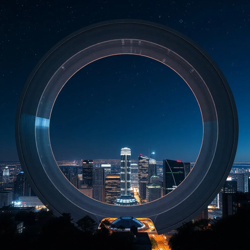 a city scape with skyscapers in a bdarkblue stary sky at background ,with a huge vertiacal ring structure like a lens zoom on midle-city