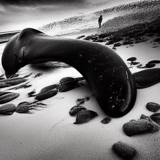 b&w photograph of beautiful sperm whale washed up on shore, face view, lifeless, debris, foamy wave, sand, rock, 8k resolution, high-quality, fine-detail, detailed matte, photography, illustration, digital art, Jeanloup Sieff, Marc Adamus, Ann Prochilo, Romain Veillon