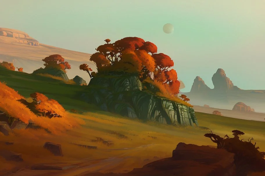 autumn vegetation, exoplanet in the horizon, big stones, cliff, science fiction.