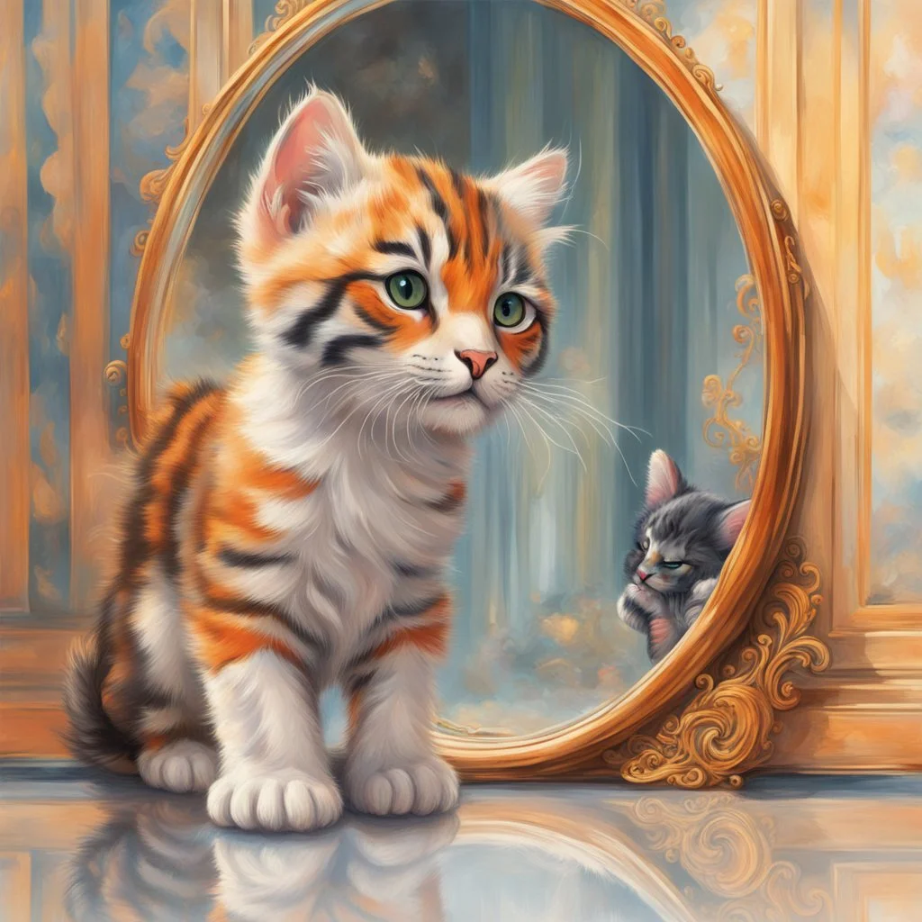 In a world full of fantasy, a little kitten stands in front of a mirror. In place of his own reflection, a majestic tiger appears. The little cat's eyes are wide in awe as she beholds the majesty of the tiger. The cat's left paw and the tiger's right paw appear to touch each other. Details like lush fur, bright orange stripes, and the tiger's intimidating gaze in the mirror create a sharp contrast to the kitten's delicate and innocent appearance Leica Q2 with Summilux 3 Photo