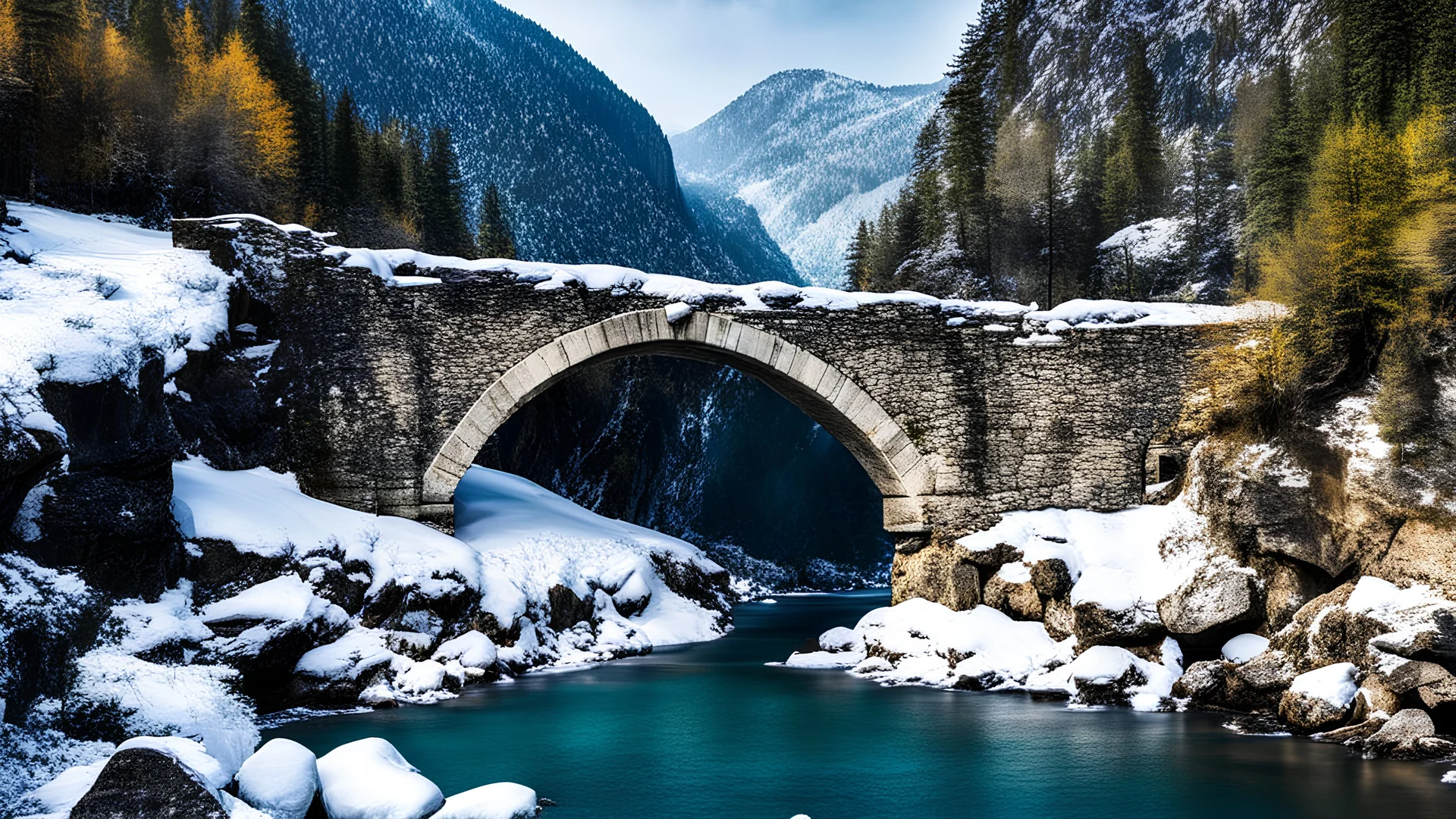 Winter scenery,an old stone bridge in a canyon,river, mountains in greece