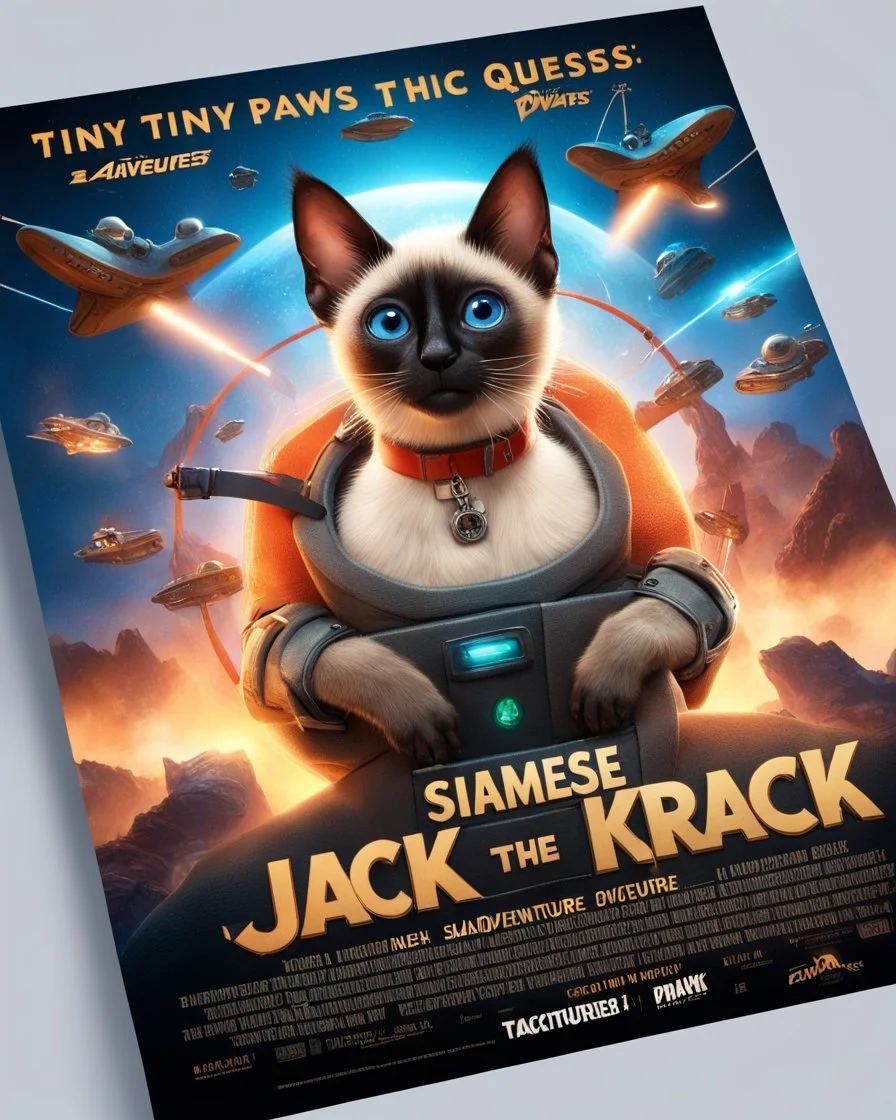 Create a realistic movie poster for 'Siamese Jack the Krack' featuring a siamese in an adventurous setting, with futuristic elements, dramatic lighting, and the tagline 'Tiny Paws, Epic Quests: Unleash the Adventure with Siamese Jack!' with a release date of September 13, 2024