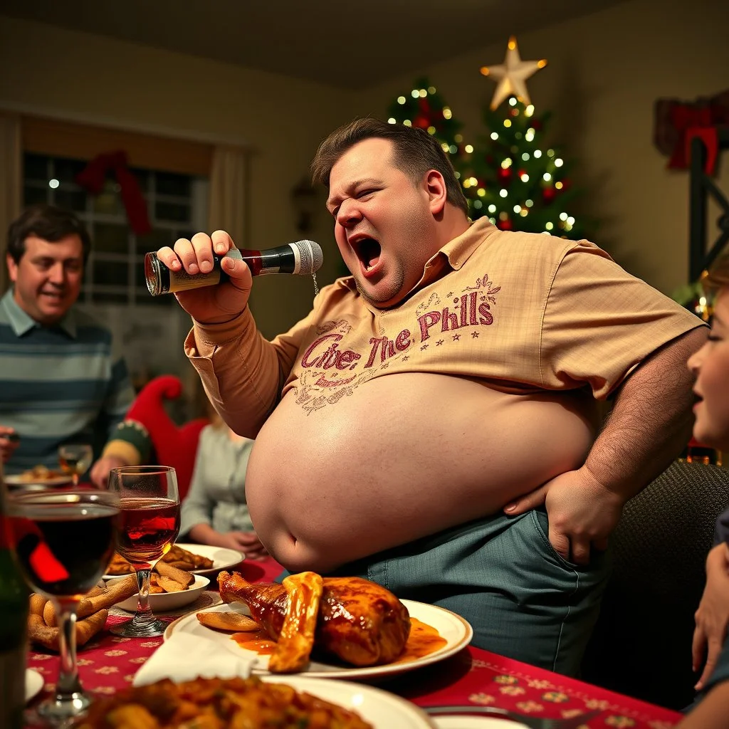 Holidays disaster meal, drunk Uncle Phil singing into drumstick while very drunk, belly hanging out over pants, photoreal, family holiday party nightmare, cringeworthy, christmas tree in background