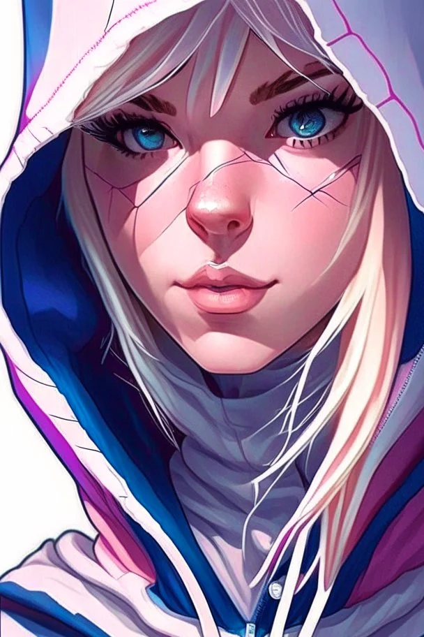 a close up of a person wearing a hoodie, artgerm on artstation pixiv, artgerm. anime illustration, artgerm comic, artgerm and lois van baarle, wlop | artgerm, trending artgerm, style of artgerm, extremely detailed artgerm, spider-gwen, spider - gwen