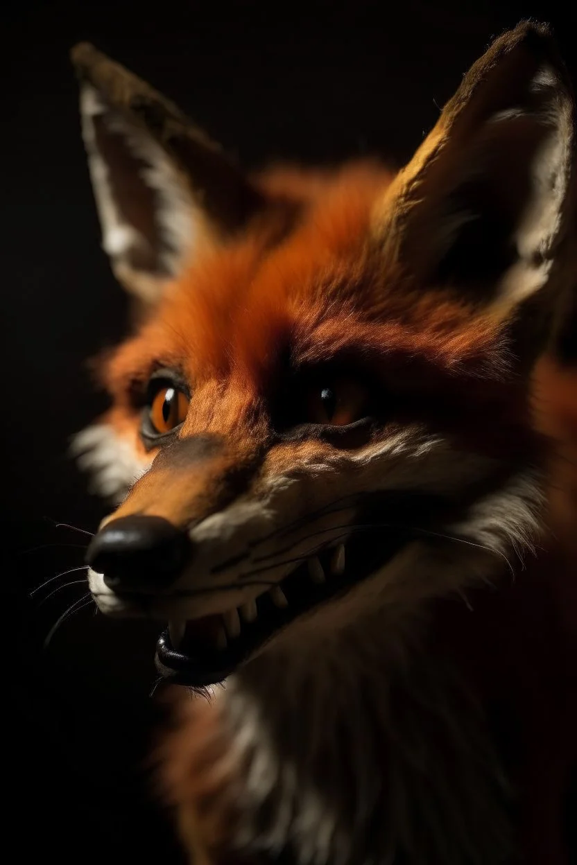 Portrait of a scary animatronic of a fox
