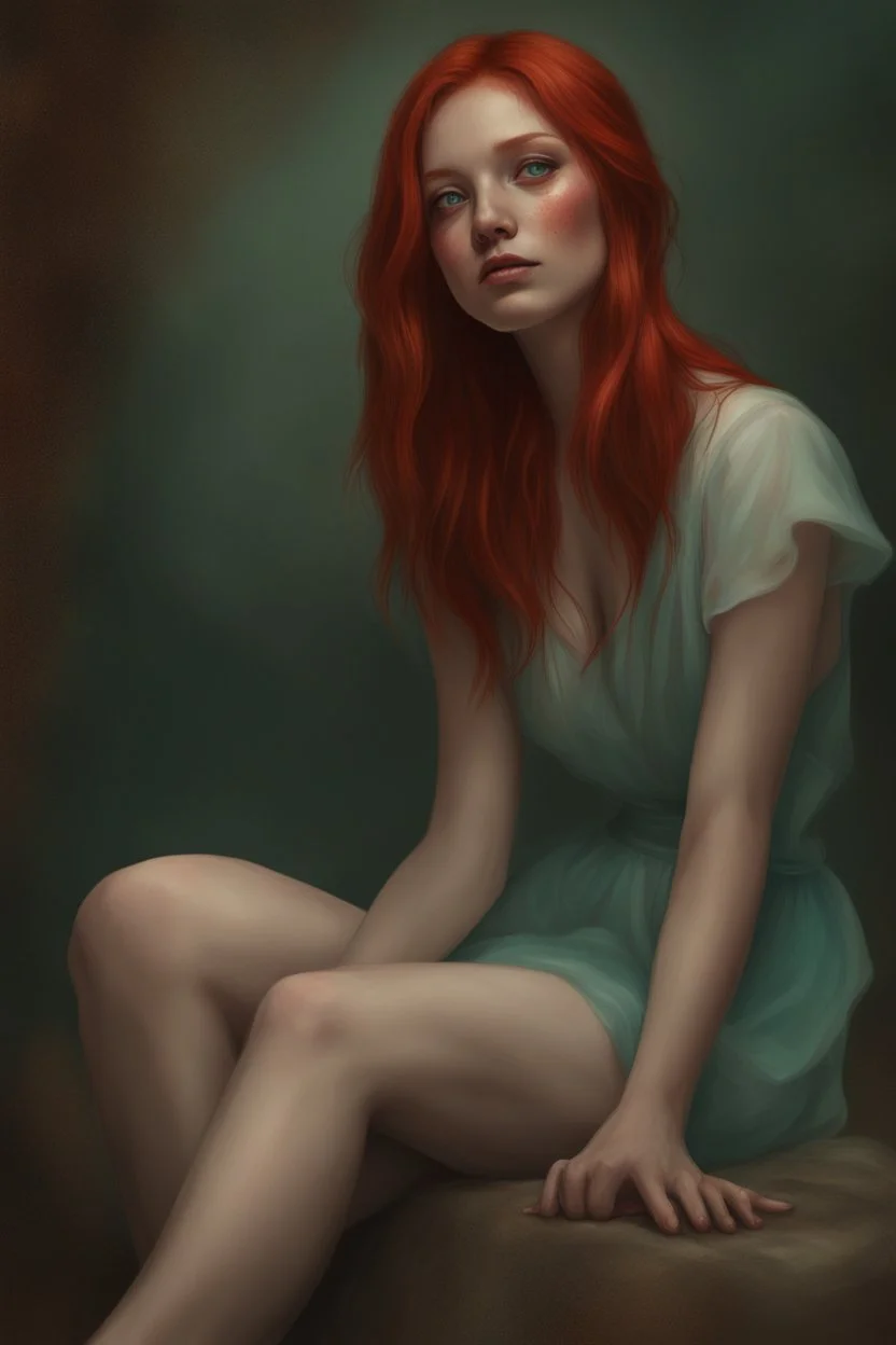 Red haired women portrait, Cottagecore aesthetic, with red straight hair, pale skin, toned legs, (hazel-turquoise eyes), long eyelashes, (naturally soft skin, defined high cheek bones), face details, magic, digital painting, digital illustration, extreme detail, digital art, 4k, ultra hd, hyperrealism, trending on artstation, vintage photography, tumblr aesthetic, DnD fantasy, hd photography, hyperrealism, [light freckles]. White dress with details. Full lips. Her hair is straight without waves