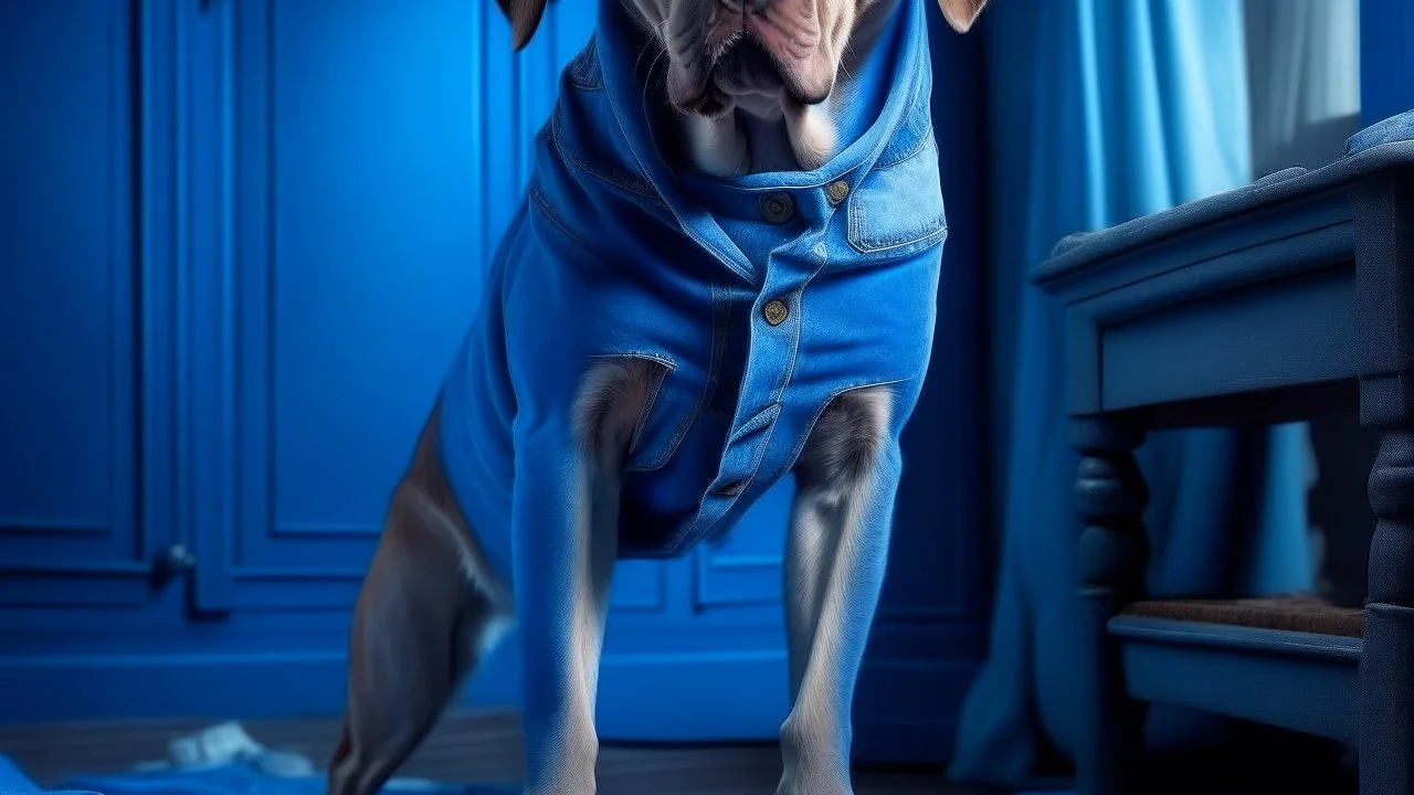 fantasy picture: a dog in blue torn pants