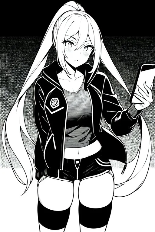 blonde girl with ponytails dressed in a jacket and shorts use cell phone's flashlight, greyscale