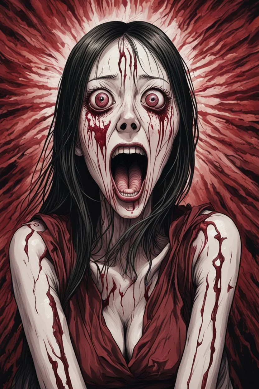 woman with rare eyes, face distorted with pain, screaming, tears streaming from eyes, siting pose, fullbody, Junji Ito style, darkred tones,