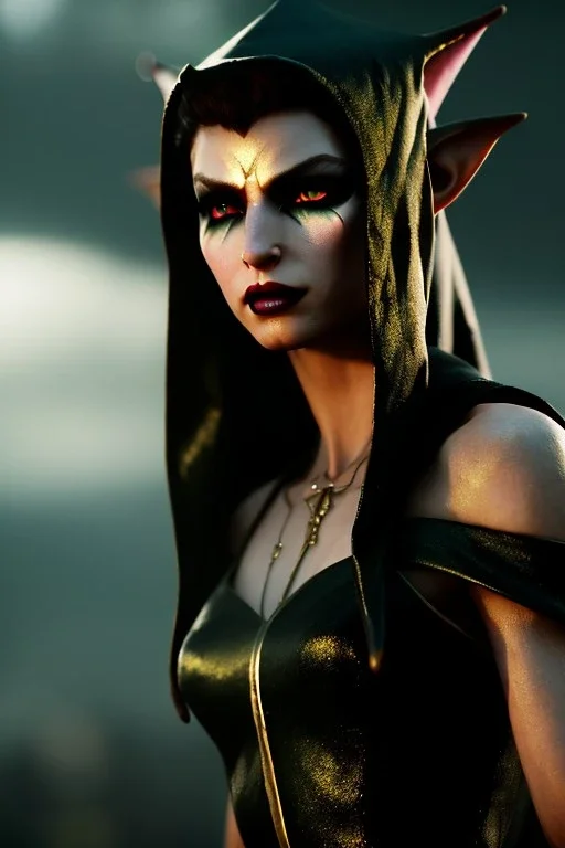 Cursed elf priestess with beautiful face, running makeup, yellow eyes, full black sclera, dark mist around her, black fur robes, pale skin, dark smoke, photorealism, octane render, frostbite, 8k, cinematic, 35mm