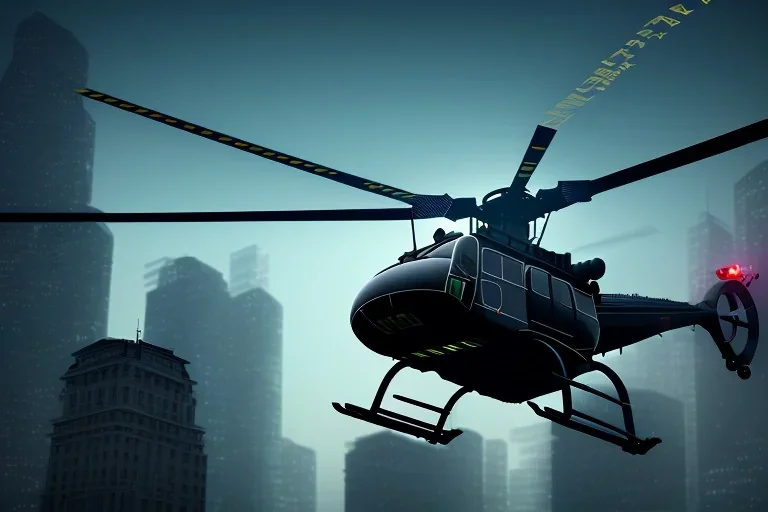 black police helicopter flys over city building searching for suspect, helicoper has white spotlight flashing to the ground, night time , unity, scriptable render pipeline , green emission, cinematic lighting.