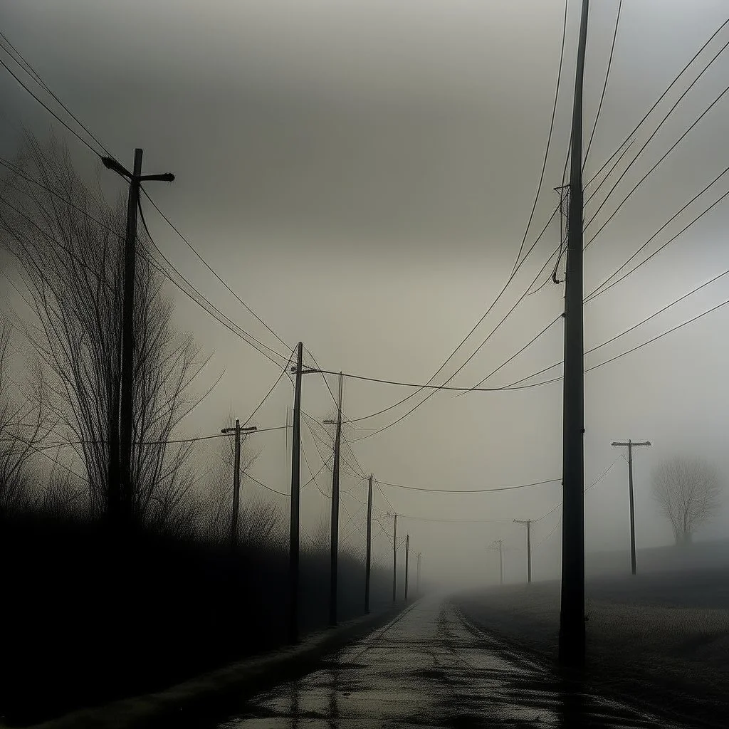 An empty road on a misty day. Telegraph poles and wires. Muted tones. Tilted horizon. With blotches and lens noise. Hyper realistic Photo 4k