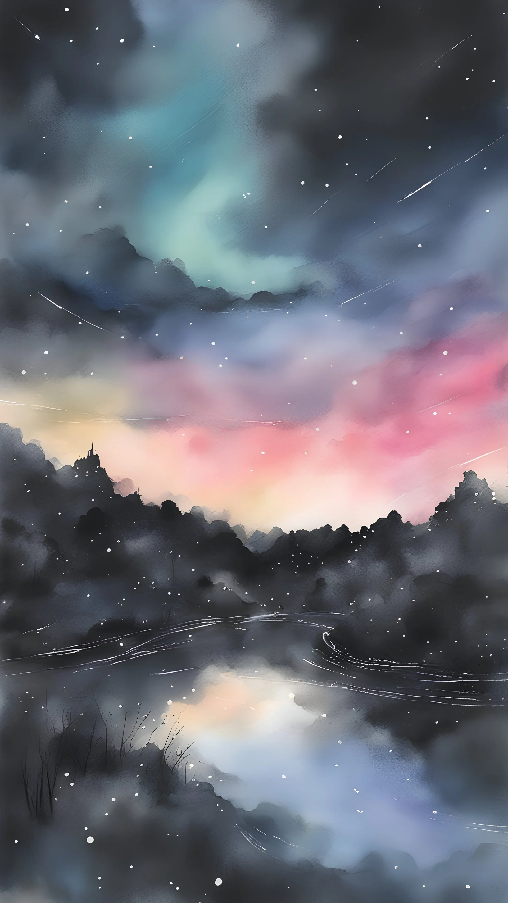 pastel night sky, created in inkwash and watercolor, art style of Olivier Coipel, HACCAN, illustrator 由良 Yura, 山田章博 Yamada Akihiro, 四々九 Yoshiku, GANMO＃