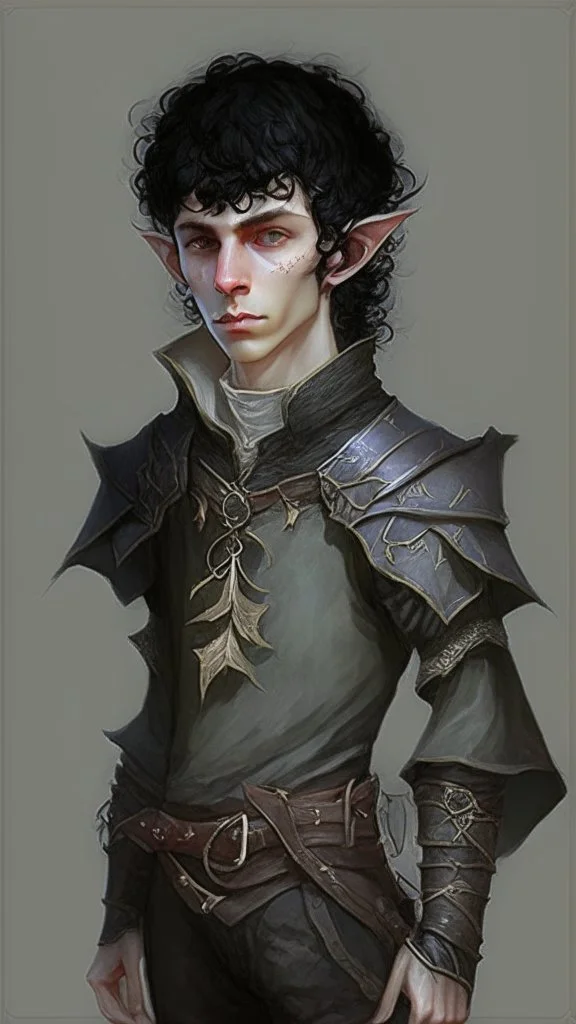 boy elf,he has curly, black hair and sharp cheekbones. His eyes are black. He wears fantasy medieval clothes. he is lean and tall, with pale skin, full body with boots, side view