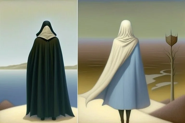 two people in capes and hoods seen from behind walking side by side in an empty foggy plain, above there is blue sky by artist "Leonora Carrington",by artist "Christian Schloe",by artist "Kay Sage"