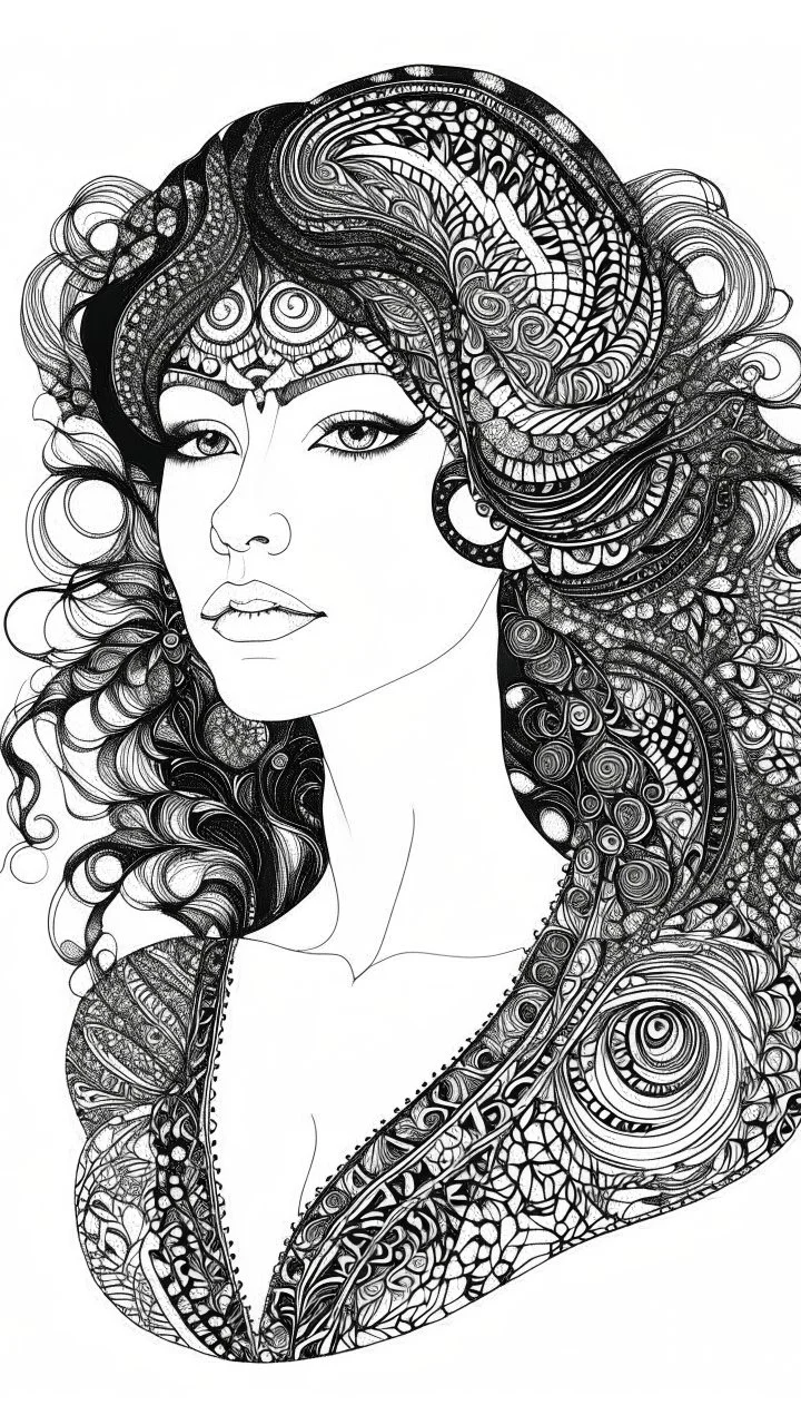 A beautiful silhouette a front view of girl billustration in zentangle patterns in the old world aesthetics in artistic style of gustav Klimt, fine line draw