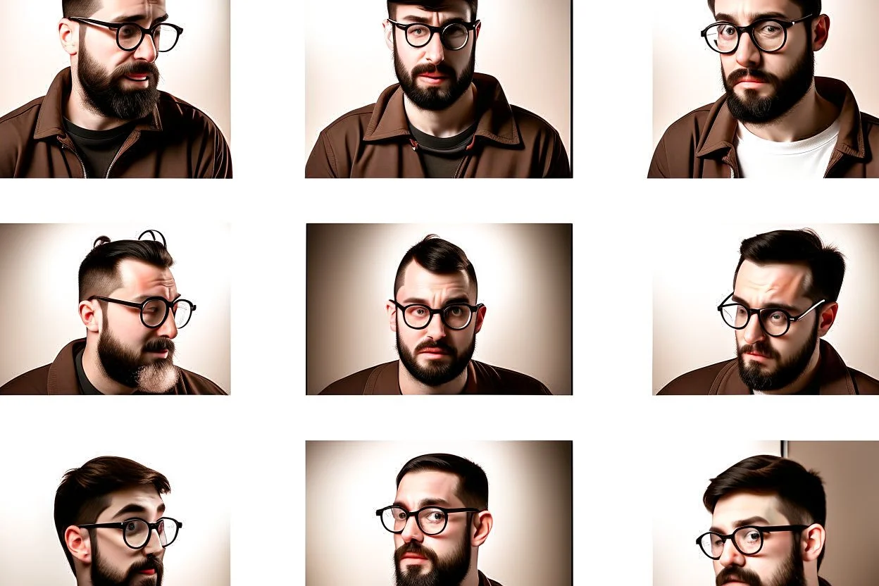 Wide photo arrangement featuring 6 frames of a character named 'Milk khaki'. he has tight, high ponytail. In each frame, he maintains consistent features but showcases different expressions, such as joyful, angry, sad, playful, worried, etc. Each frame is uniformly sized and evenly spaced for hassle-free cropping