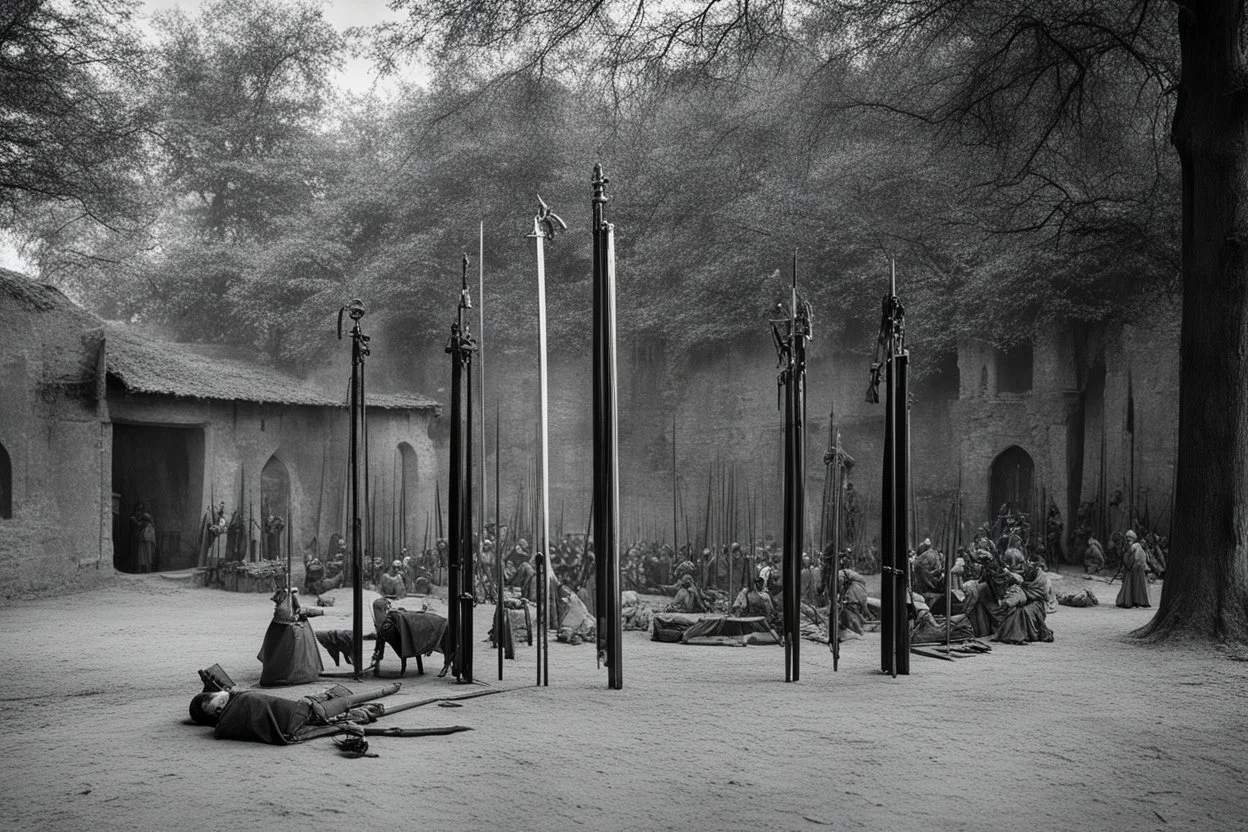 [very impressive high res masterpiece in Kodak Eastman 5247, scene by László Krasznahorkai] weapons ready to be used by Joan of Arc leonardo's katana, michelangelo's nunchaku, donatello's bo staff, raphael's sai