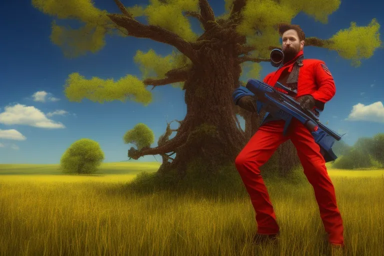 A tree,on a valley,blue deep sky, Colourful meadow,and a man in red with a gun like a heist,details,texture,8k quality, florest, Minimalism, Expressionism